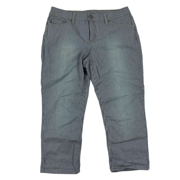 New Directions WEEKEND Blue White Striped Capri Pants Denim Blue Jean Stretch 14 - Picture 1 of 11